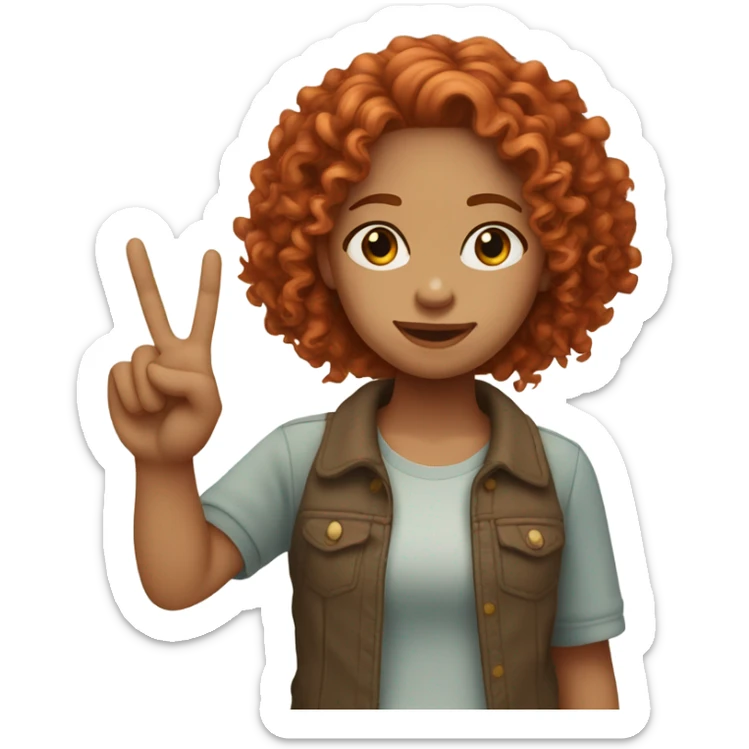 A curly red headed girl light skin with long hair and a middle part doing a peace sign with her hands sticker