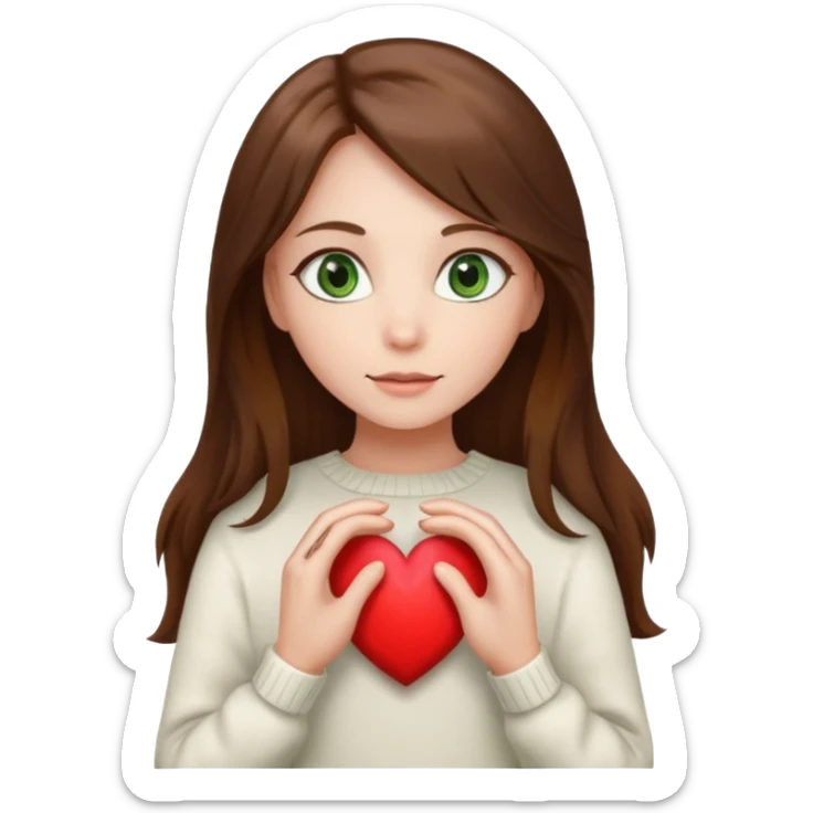 Girl green eyes brown long hair white warm sweater showing heart with her hands sticker