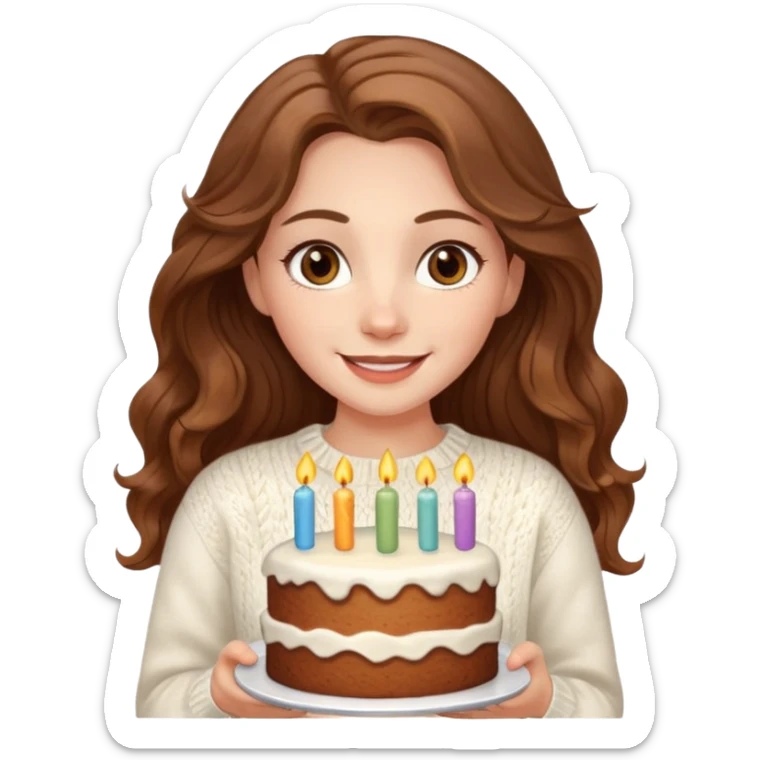 A pretty white girl with hazel brown eyes and long brown wavy hair in a cosy white knit sweater, she is celebrating her birthday and is happy sticker