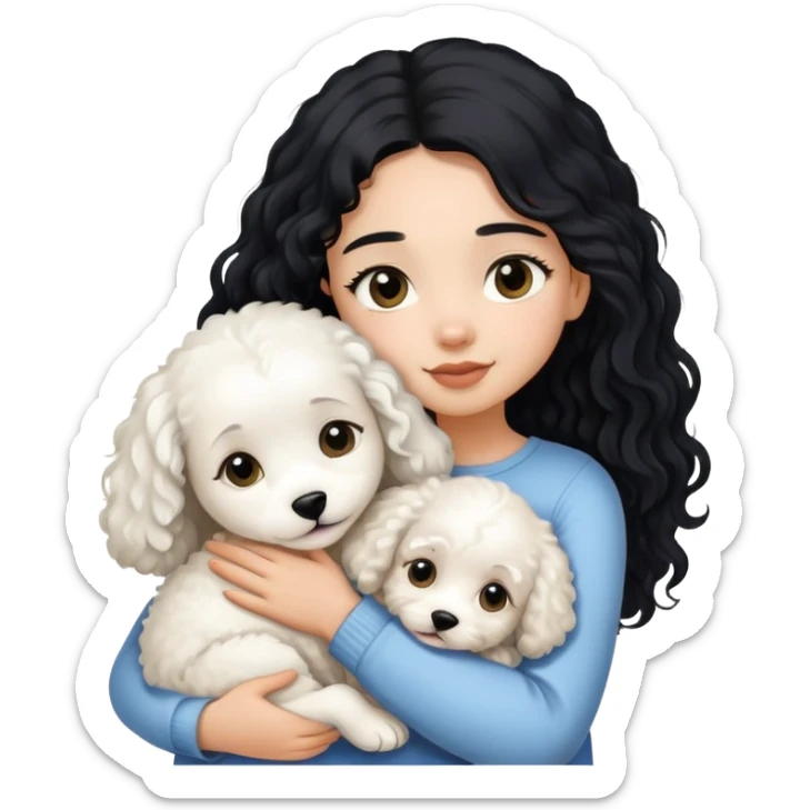 A girl with long straight black hair hugs a white curly-haired puppy sticker