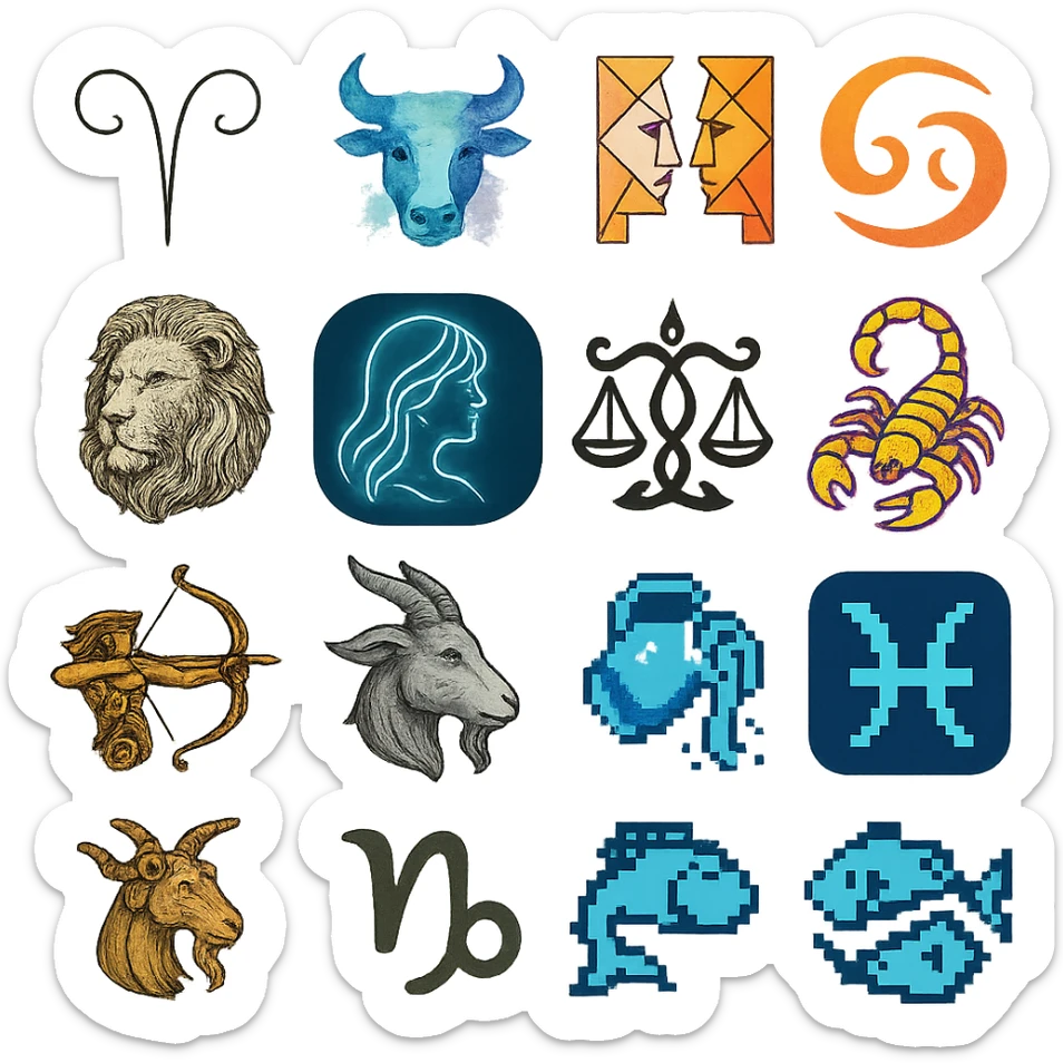 zodiac sign icons, each one unique style, variety of artistic styles sticker