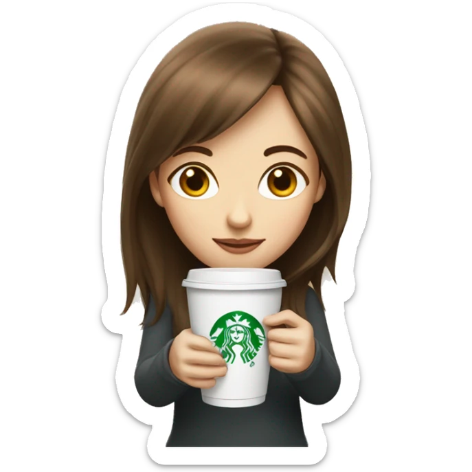 Girl with brown hair, bangs and white skin holding stabucks cup sticker