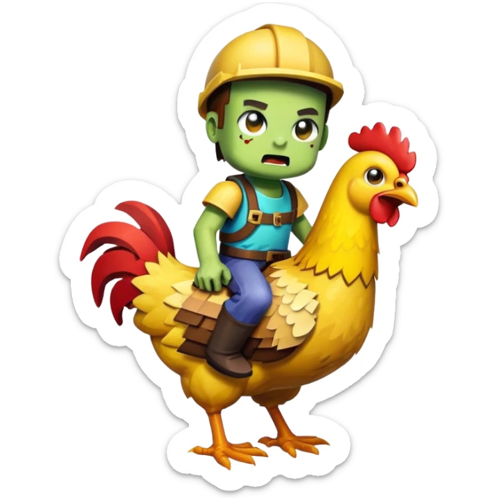 Create a cute and detailed emoji-style image of a Minecraft chicken jockey. A baby zombie riding on a chicken, both with simplified, expressive faces and bright colors. Keep the pixel art or cartoon style compact and readable at small sizes, like an emoji. sticker