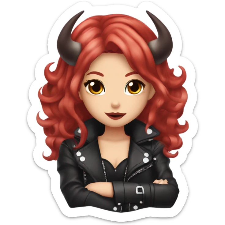 devil hime gyaru girl, red hair with horns, leather jacket sticker