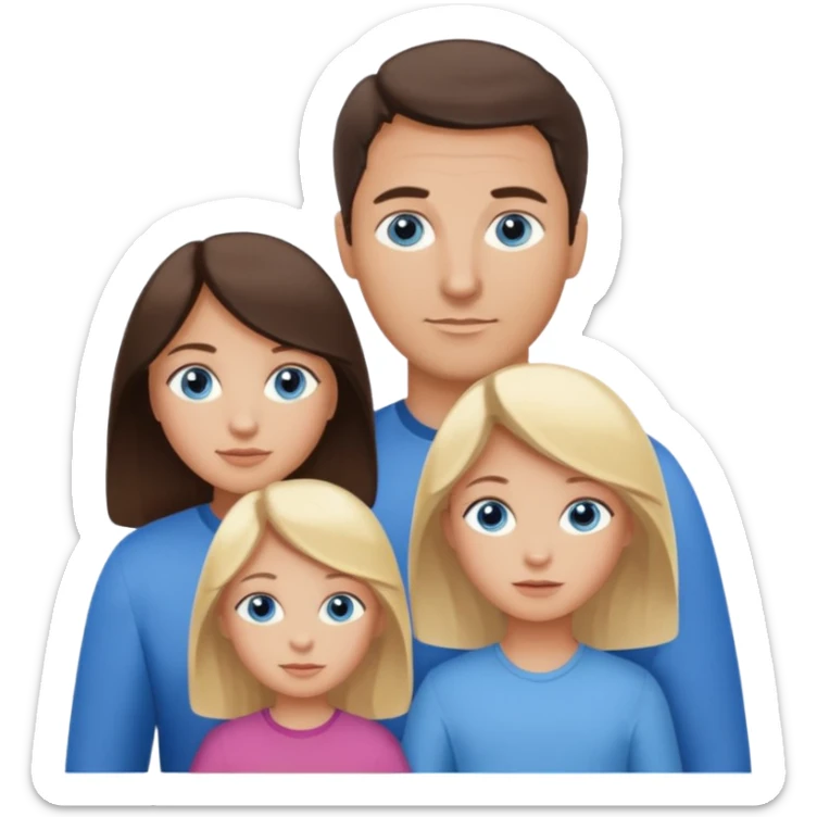 Family portrait with father with dark brown hair and blue eyes, mother with light brown hair and blue eyes, three blonde little girls with blue eyes sticker
