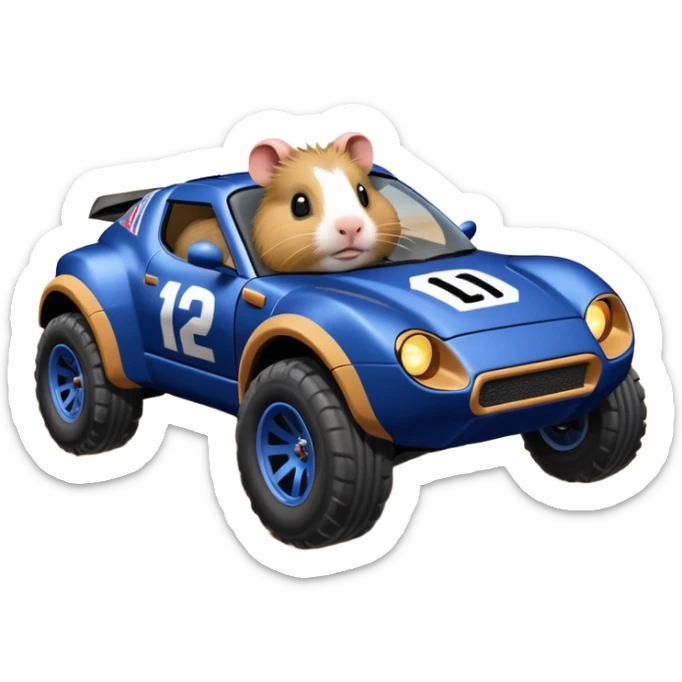 After-race dirt covered Midnight blue Local Motors Rally Fighter off road race car being driven by a five foot tall Guinea pig  sticker