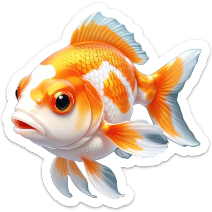 Cinematic Cute Orange and White Goldfish Portrait Emoji, Head tilted playfully and inquisitively, featuring a glossy, vibrant body adorned with a striking mix of orange and white, round, sparkling golden eyes filled with curiosity, Simplified yet irresistibly adorable features, highly detailed, glowing with a warm, friendly glow, high shine, affectionate and lively, stylized with a touch of whimsy, bright and endearing, soft glowing outline, capturing the essence of a mischievous yet loving goldfish, so playful it feels like it could swim out of the screen and into your heart! sticker