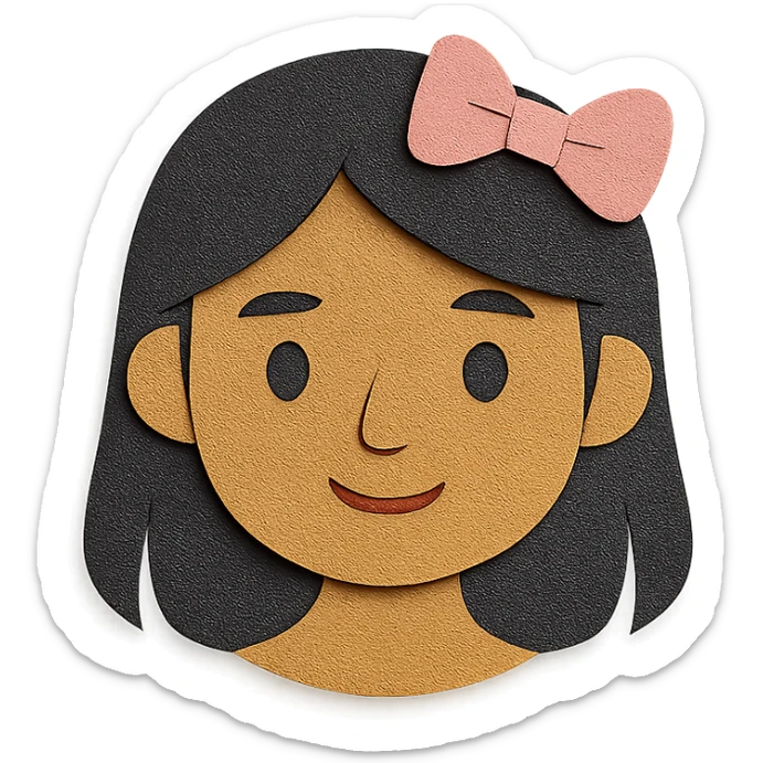 aesthetic portrait of a Sri Lankan girl with dark-ish but light skin, black hair, dark brown eyes, button nose, cute pink bow sticker