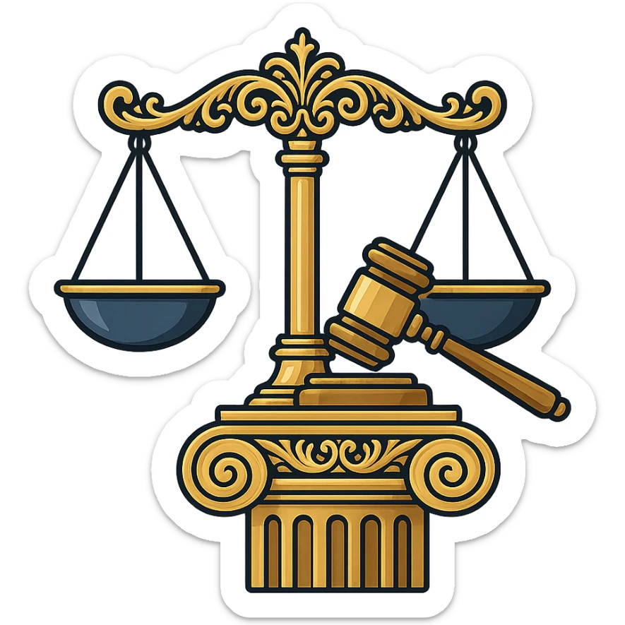 Vector illustration of a classic symbol of law (e.g. scales of justice, gavel, courthouse column), designed with elegant and refined lines. Include intricate golden detailing, soft gradients for a polished metallic look, and realistic shadows and highlights for depth. Style should be clean and professional, with a modern yet timeless feel. Transparent background sticker