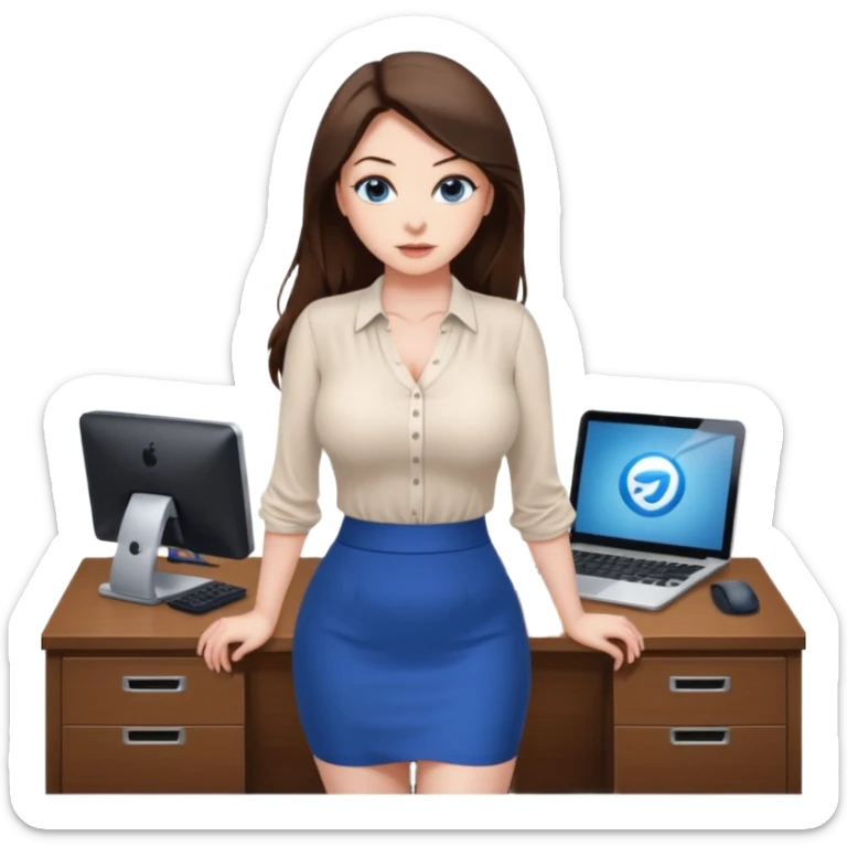 sexy woman brunette, very large breasts, pale skin, blue eyes, long brown hair, tight white blouse, short black skirt. office.  sticker