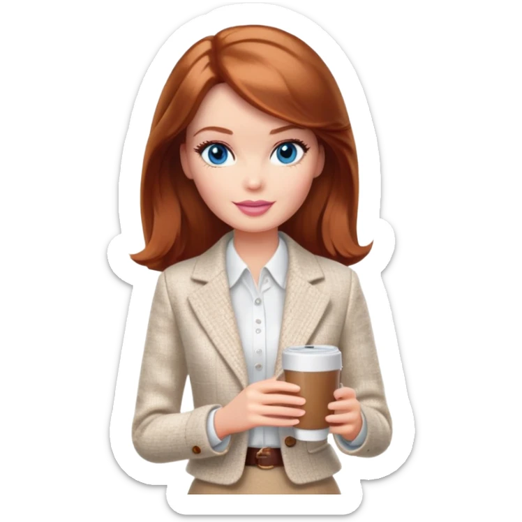 A Barbie girl with blue eyes, shoulder-length reddish-brown hair, made-up, wearing a white tweed jacket and a beige skirt, with a glass of coffee in her hands sticker
