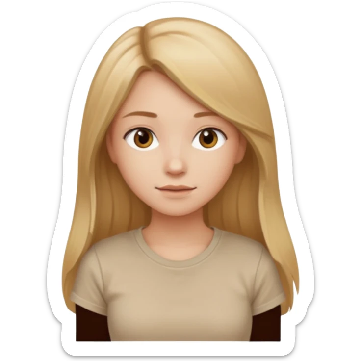 a girl with long light brown hair that is blond at the ends stands sideways in a beige T-shirt sticker