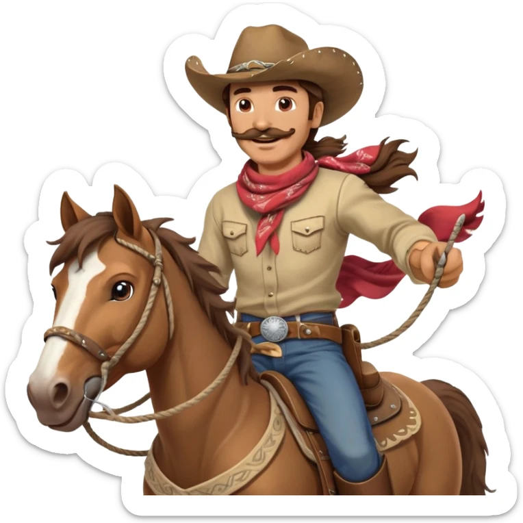 clash-of-clans-aesthetic_-cinematic-playful-cowboy-portrait-emoji, head-tilted with a roguish, cheeky grin and twinkling eyes, featuring a rugged, spirited build with a wide-brimmed cowboy hat and a weathered bandana on tan skin, brown hair and a moustache , riding a powerful galloping horse with dynamic flowing mane, reins gripped firmly in one hand and a lasso in the other, as dust swirls behind them in a vast desert landscape. sticker