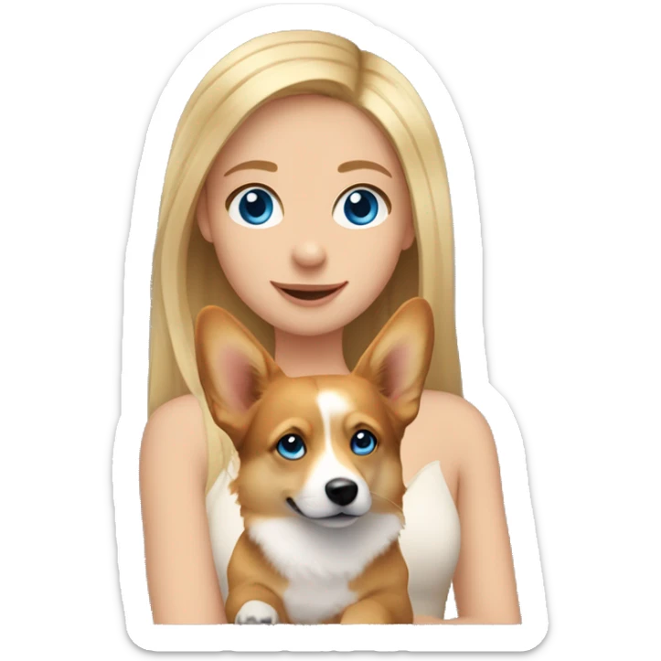 a girl with long blonde hair, she has blue eyes and a narrow nose and in her hands is a dog corgi sticker