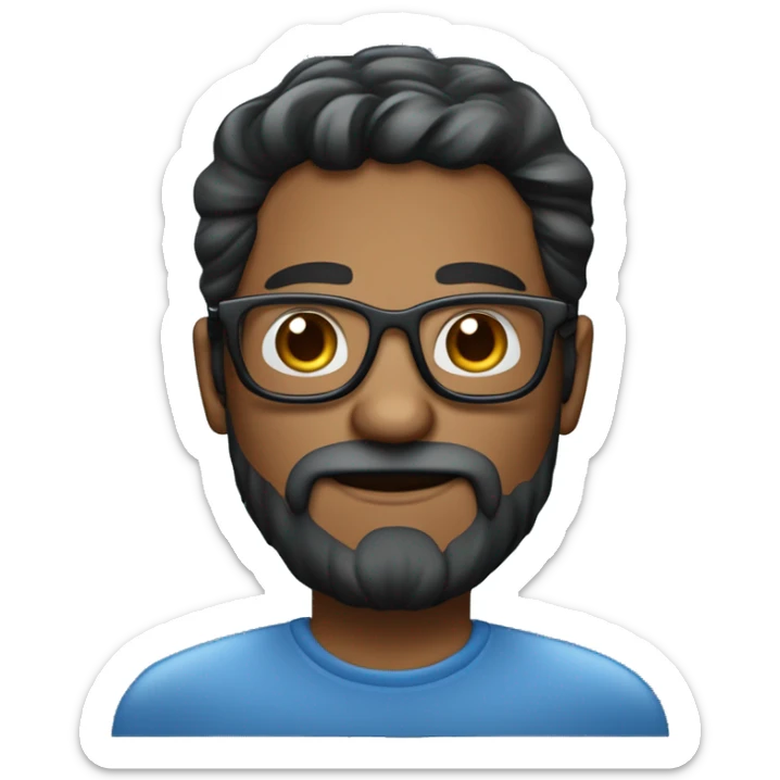 Hombre de 30 años con gafas y barba abierta con cabello negro y ojos color cafe con un gesto de asombro fondo azul sticker