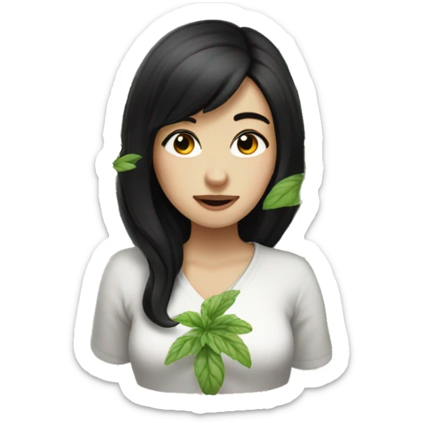 girl with mid lenght black hair and white skin snoking herbal sticker