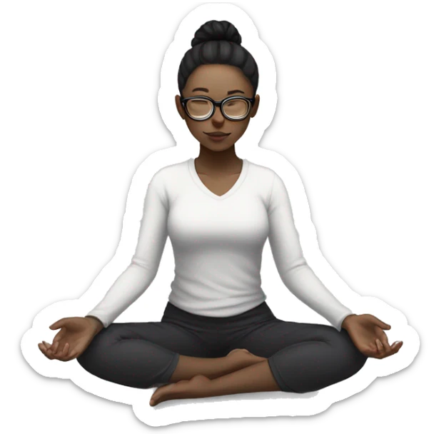 White skinned girl with glasses and a ponytail with black hair, meditating on the floor sticker