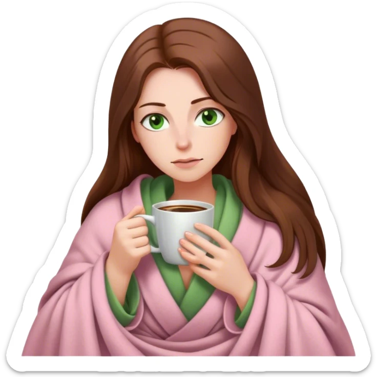 woman with very long brown hair and green eyes in a light pink blanket sleepy with coffee sticker