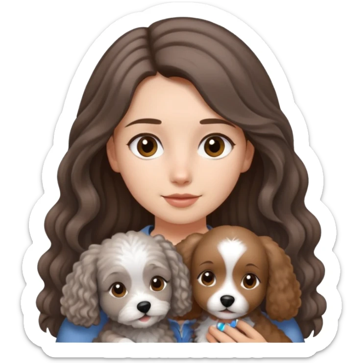 A girl with long straight hair holding a small light gray curly-haired dog sticker