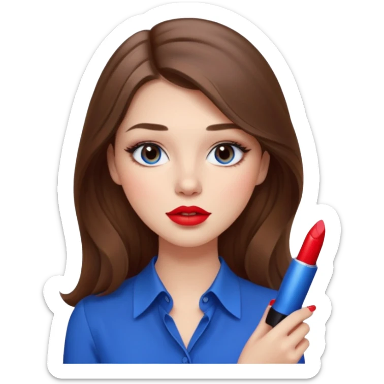 Crea una chica con cabello largo color castaño y ojos cafés claro que tenga blusa moderna color azul y que esté sujetando un labial moderno color rojo y con maquillaje sticker