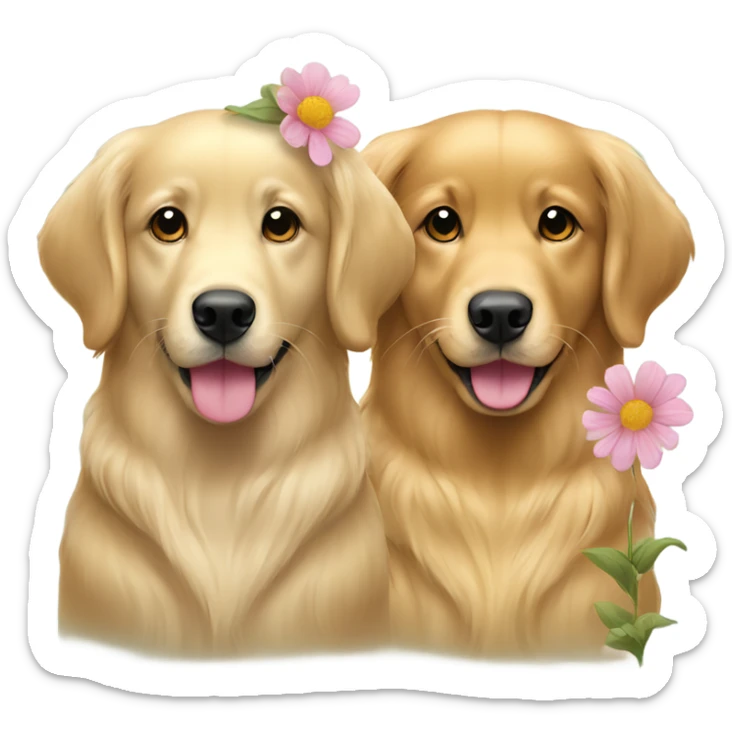 Two golden retriever girl dogs with flowers. One is lighter and one is darker sticker