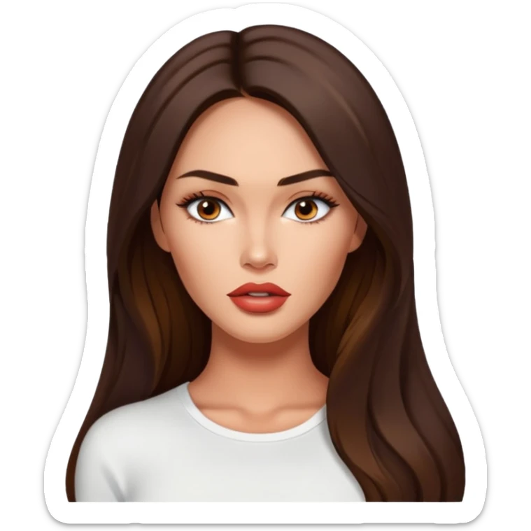 Megan fox, fashion model Beautiful woman model large breasts  with  narrow eyes tan skin, full lips  long hair model white  top   sticker