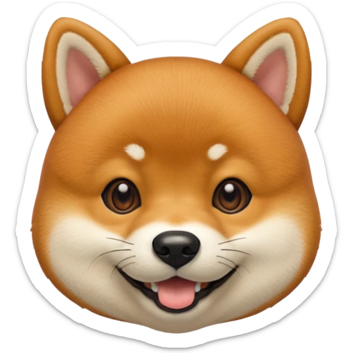 Head of a Shiba Inu dog, in orange-brown fur with white muzzle and cheeks, round face, big black eyes, perky ears, grinning with closed mouth, no tongue, front-facing, glossy texture, soft shadows
 sticker
