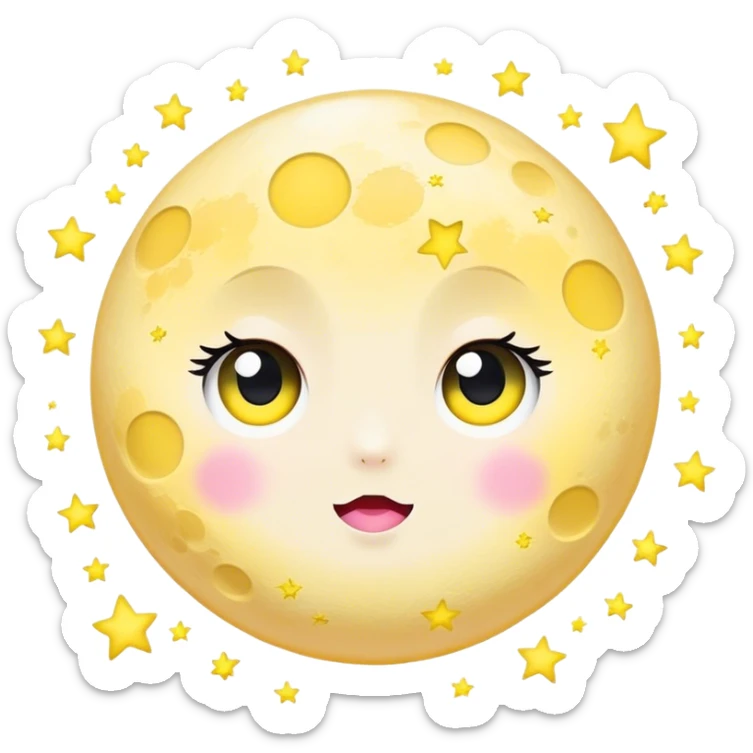 Full Moon and surrounded by stars light pink and yellow kawaii with black wide eyes sticker