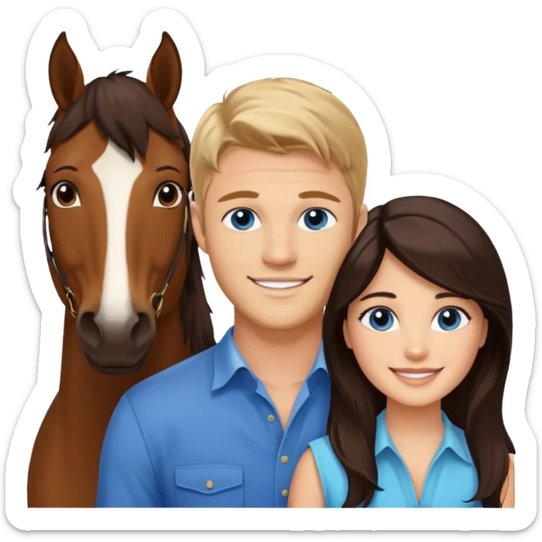 Smiling blue eyed trevor donovan with smiling brown eyed danica mckellan and one brown horse sticker