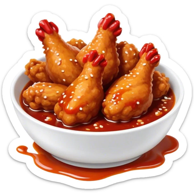 Korean Fried Chicken Cinematic Realistic Korean Fried Chicken Dish Emoji, depicted as bite-sized chicken pieces generously coated in a glossy, spicy sauce, in a bowl. sticker