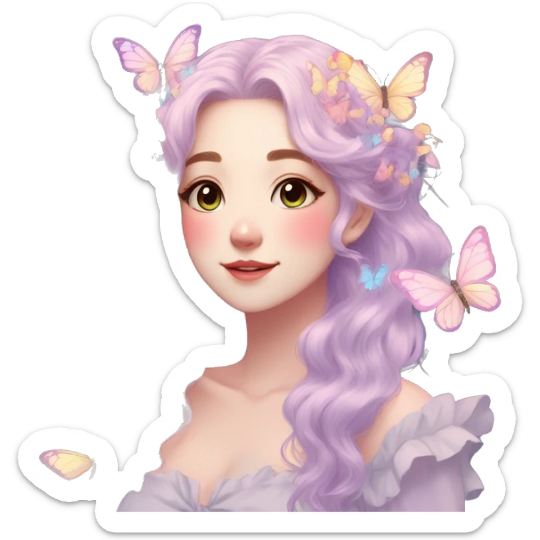gorgeous anime pastel lady with butterflies and beautiful hair fairycore cottagecore sticker