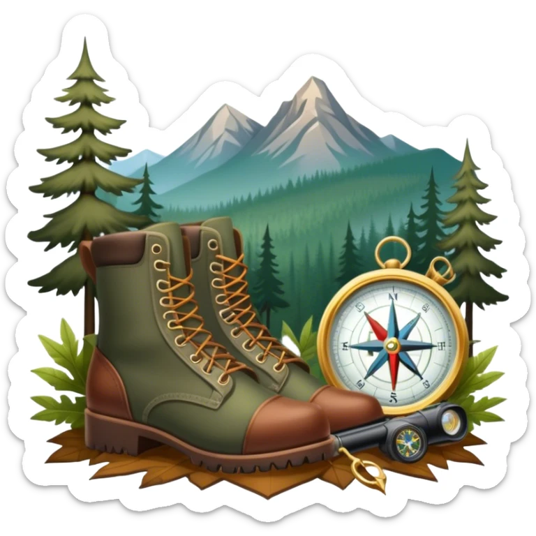 emoji for Hunting Tourism: a hunting rifle, hunting boots and a compass on a forest background, with a silhouette of wildlife in the distance. The icon should capture the adventure and connection with nature in hunting tourism. Transparent background. sticker