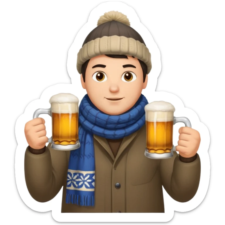 big slavic guy sitting in yoga pose, spiky short dark hair, holding beer mugs in two hands, winter dressed sticker