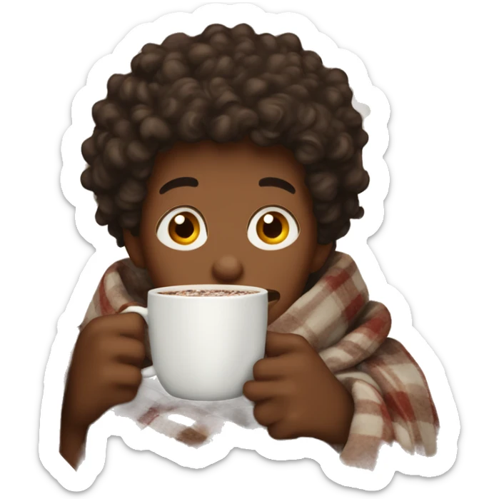 a cosy boy with curly hair wrapped in a blanket with a cup of hot chocolate sticker