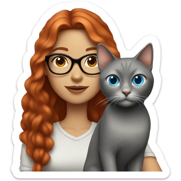 A girl with long red hair, blue eyes, light skin, black glasses, holding an all grey cat  sticker