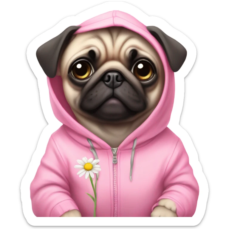 Cute Baby Pug with pink eyes wearing a pink hoodie eating daisy's  sticker