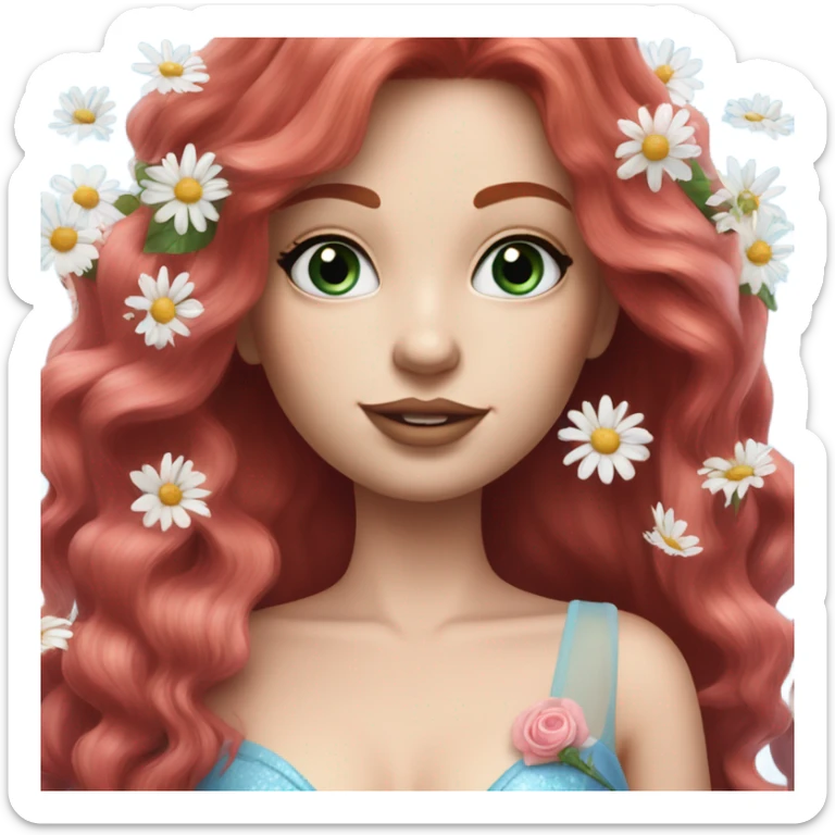 Realistic european woman with longer red  hair with pink roses & white daisies in hair wearing mermaid style blue dress sticker