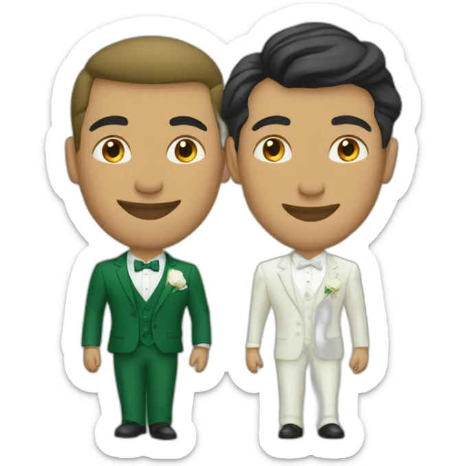set of grooms in green suits light olive skinned latino the other groom white sticker