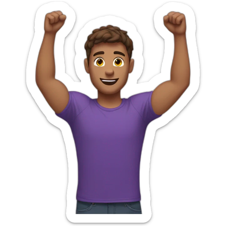 young french man, arms up, brown hair, purple t-shirt sticker