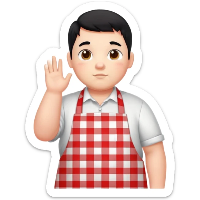 chubby boy with black hair styled upward in front, wearing a red and white checkered plaid apron sticker