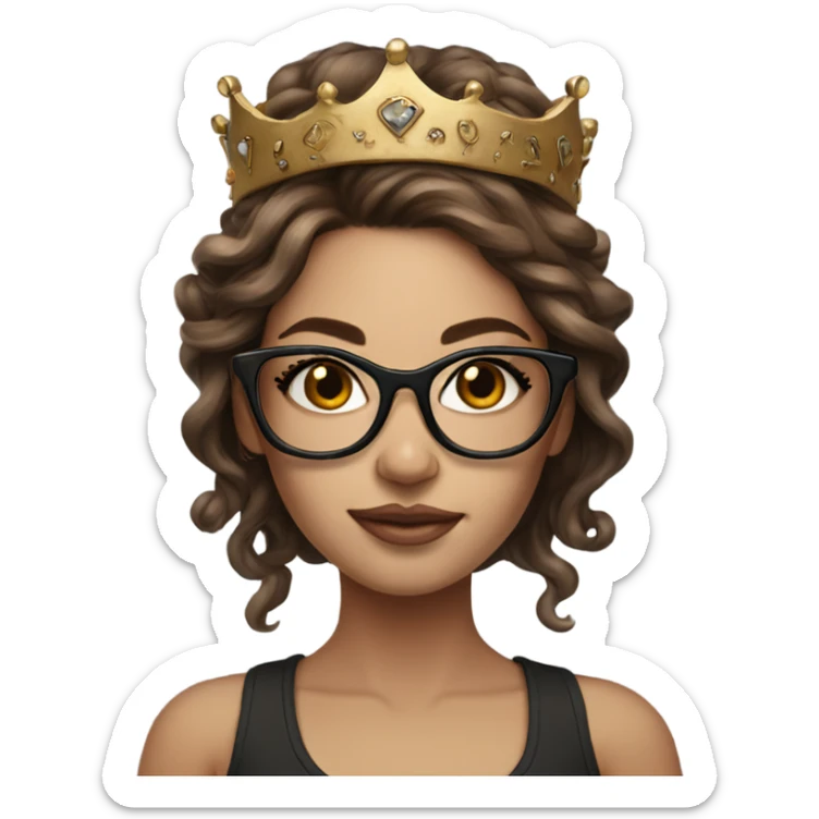 Hyperrealistic beautiful  girl, wearing a crown and glasses with tattoos, with long brown hair  sticker