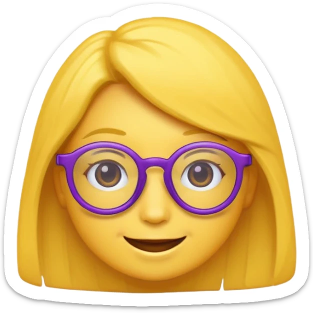 un emojis amarillo, con el cabello corto y lacio, con lentes violeta y una sonrisa sticker