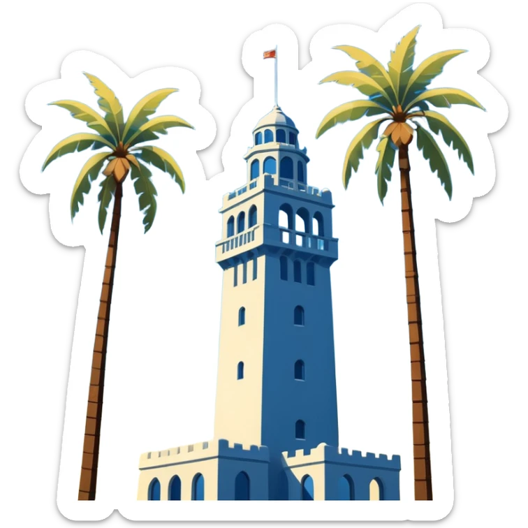 California Tower in San Diego, iconic silhouette, blue sky, palm trees sticker