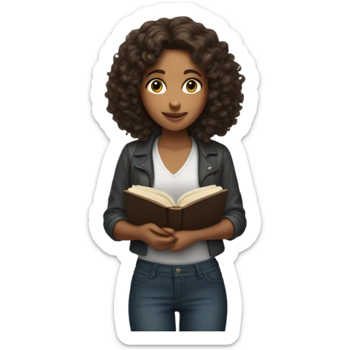 brunette curl mid length hair brown woman looking down at a book cozy aesthetic sticker