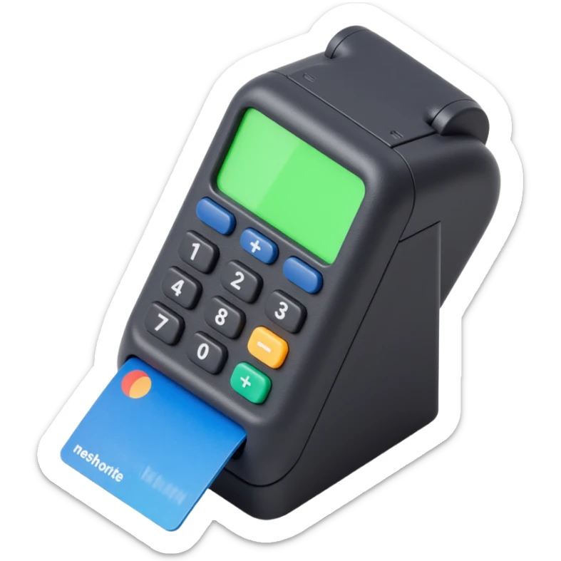 detailed payment terminal with a credit card inserted, skeuomorphism style sticker