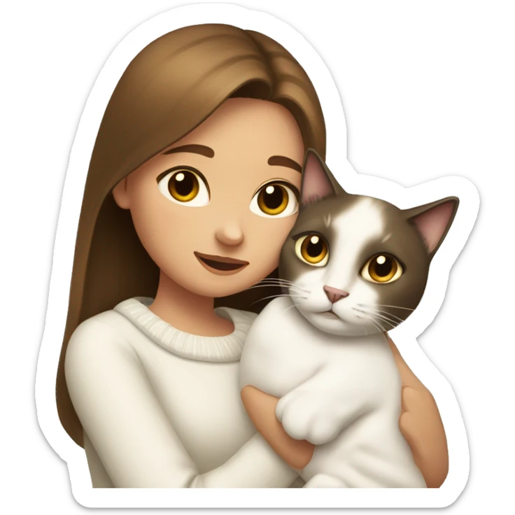 a girl with long brown hair, in a white sweater, hugs a Siamese cat. sticker