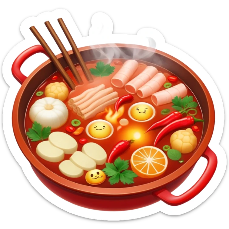 Chinese hot pot, bubbling red spicy broth with variety of ingredients, emoji style sticker