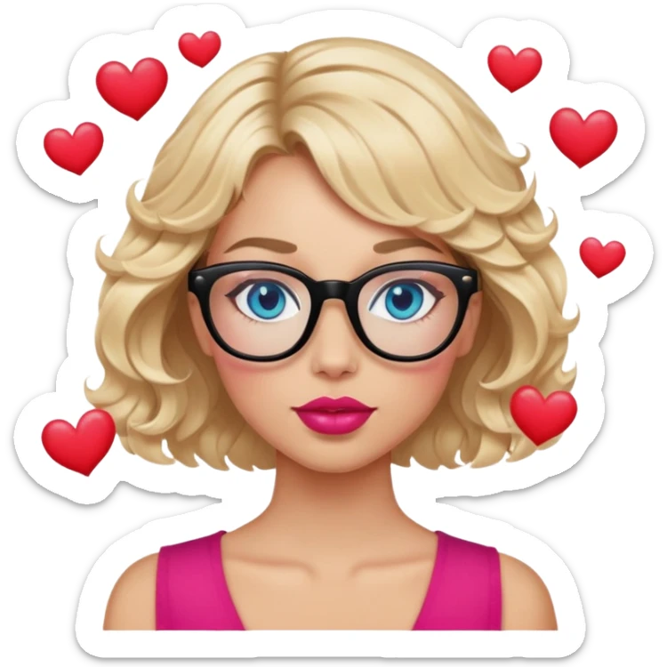Blonde woman, short wavy hair, blue eyes and pink lips wearing black glasses, in love with read hearts floating above her sticker
