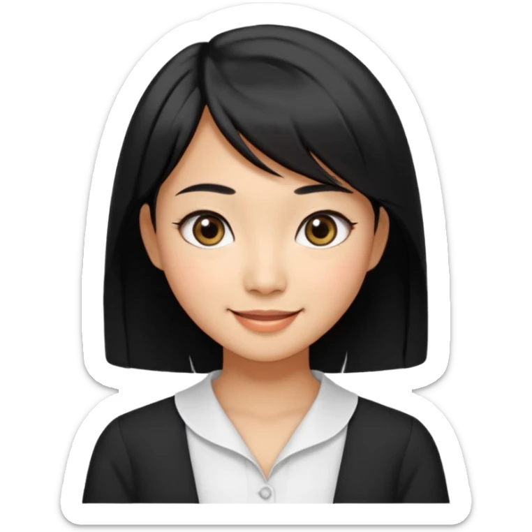 30 yr old asian woman center parted hair big eyes big smile tanned skin straight black hair hippie part hair white blouse shoulder length hair middle parted hair few short bangs at front sticker