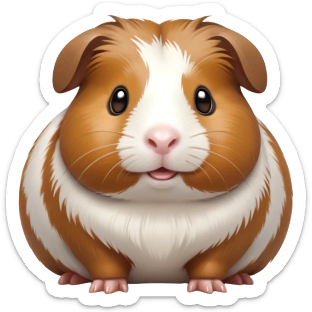 Cinematic Cute Brown and White Banded Guinea Pig Portrait Emoji, Head tilted playfully and inquisitively, showcasing a fluffy coat with playful brown and white banded patterns, round, sparkling dark eyes filled with curiosity, Simplified yet irresistibly adorable features, highly detailed, glowing with a warm, friendly glow, high shine, affectionate and spirited, stylized with a touch of whimsy, bright and endearing, soft glowing outline, capturing the essence of a mischievous yet loving guinea pig, so playful it feels like it could dash out of the screen and into your arms! sticker